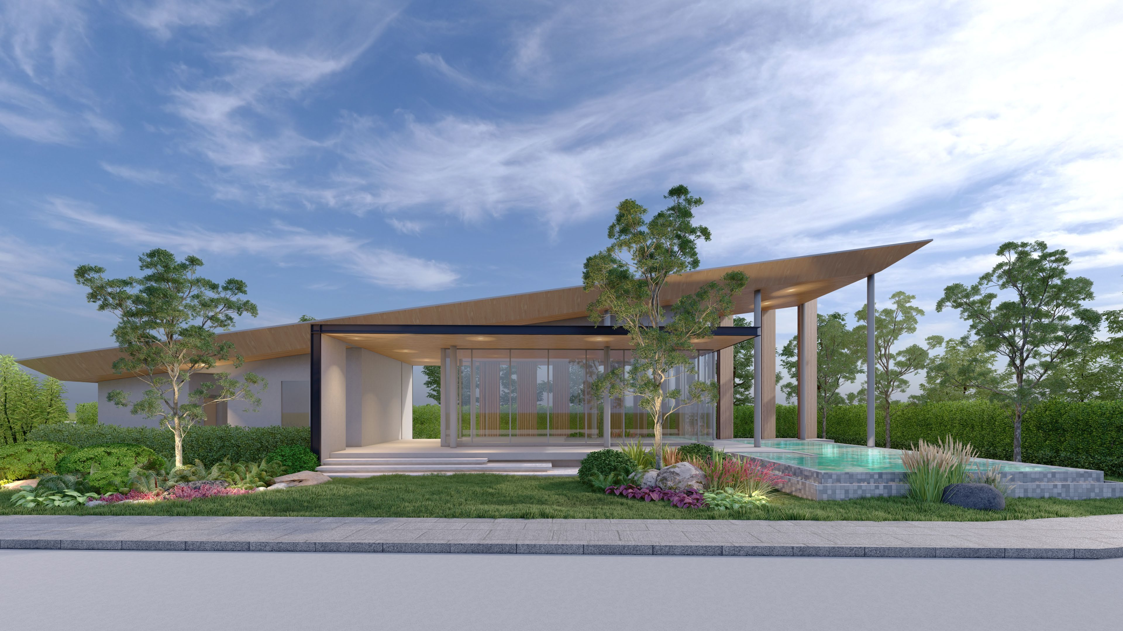 Clubhouse & Pool — 3D Rendering (Front)