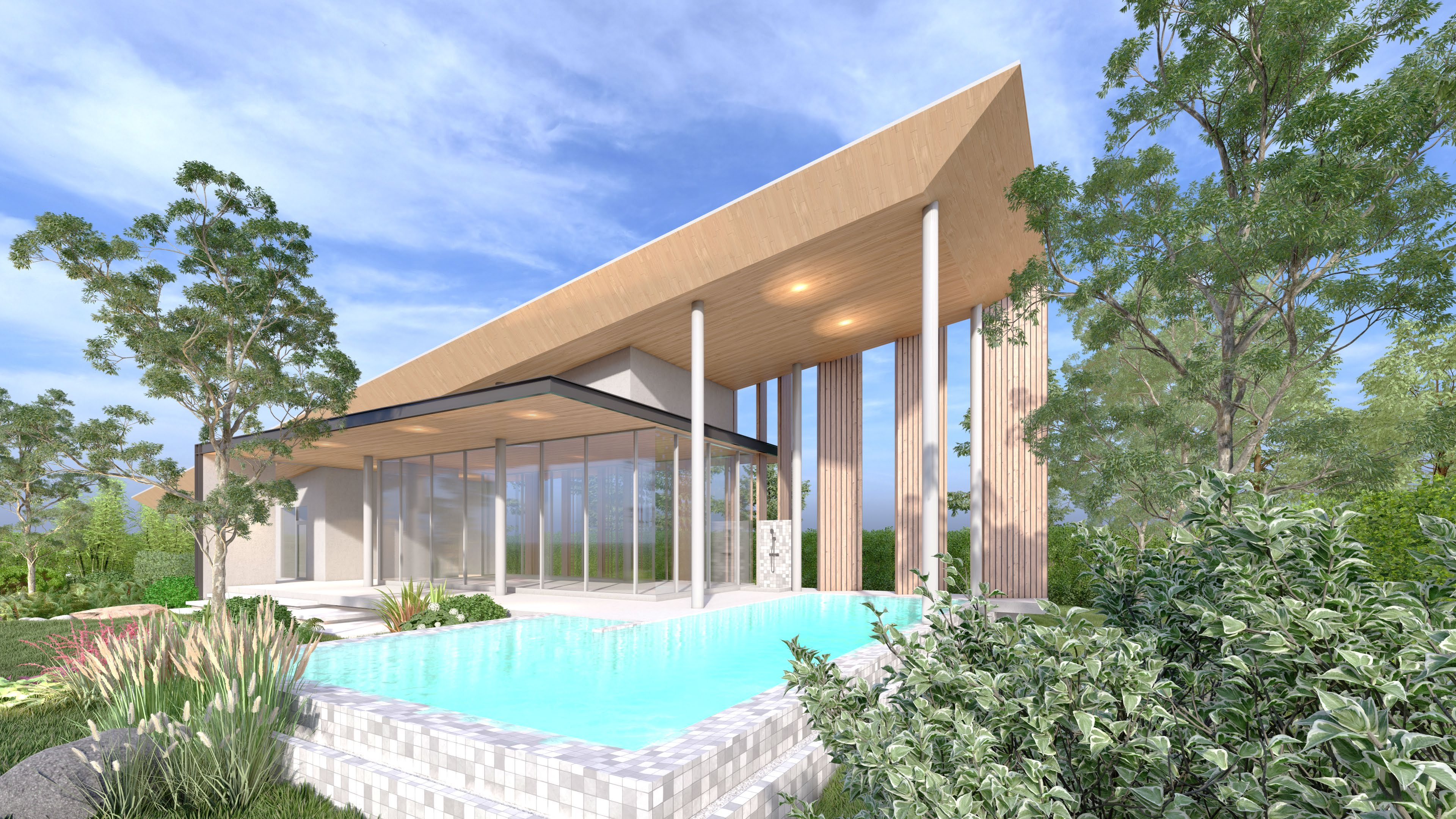 Clubhouse & Pool — 3D Rendering (Side)
